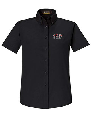 Buy black DST Greek Letters Short Sleeve Ladies&#39; Button Down Shirt