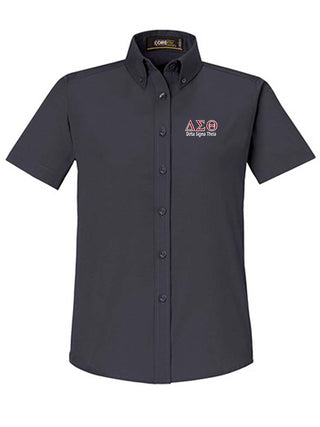 Buy carbon DST Greek Letters Short Sleeve Ladies&#39; Button Down Shirt