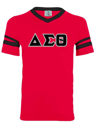 Buy red-black DST Greek Letters Stripe Sleeve Shirt