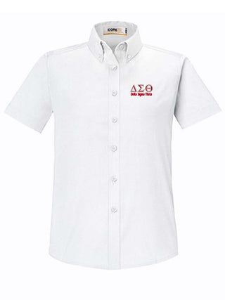 Buy white DST Greek Letters Short Sleeve Ladies&#39; Button Down Shirt