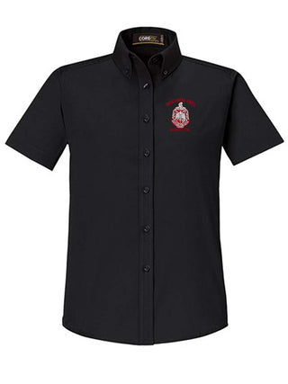 Buy black-w-red-words DST Shield Short Sleeve Ladies&#39; Button Down Shirt