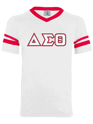 Buy white-red DST Greek Letters Stripe Sleeve Shirt