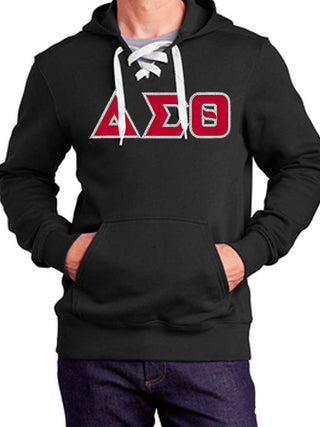 Buy black DST Greek Letters Lace Up Pullover Hoodie